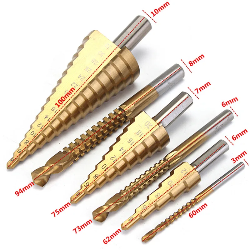  6pcs/Set Steel Titanium Nitride Coated Step Drill Bit Quick Change Bits Set 3mm 6mm 7mm 8mm 10mm Sh