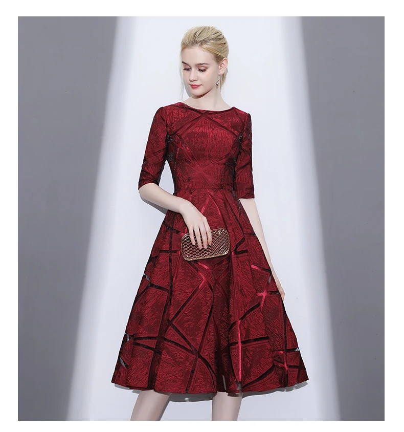 

Half Sleeves Zipper Back Tea Length Fall Winter Wedding evening gown 2018 Cheap Burgundy Elegant Mother of the Bride Dresses