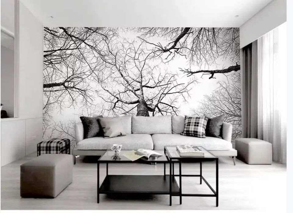 

Black and white minimalist branches forest atmosphere TV background wall window mural wallpaper