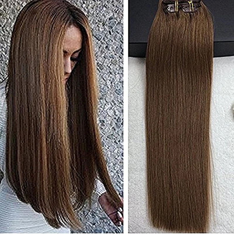 

Full Shine Thick Clip in/on Extension colour #8 Medium Brown 9Pcs/ Set Remy Clip in Hair Extensions Brazilian Human Hair In Sale