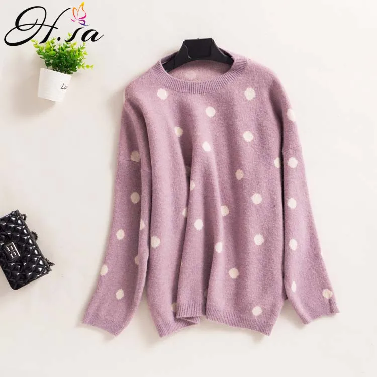 

HSA Women Oversize Sweater and Pullovers Oneck Dots Sweet Cute Girls Pull Jumpers Loose Korean Sweater Mujer manteau femme hiver