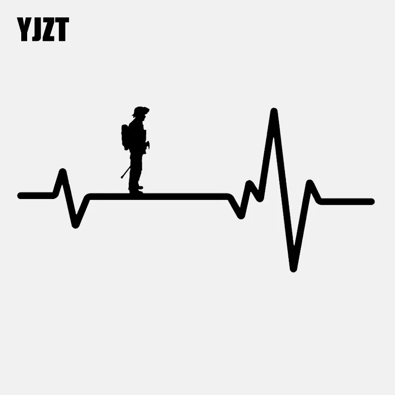 

YJZT 16.2CM*7.5CM Fireman Profile Helmet Heartbeat Line Vinyl Black/Silver Car Sticker C22-1164