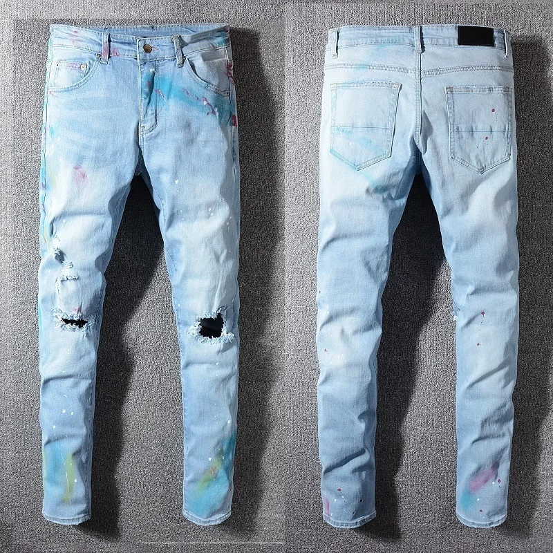 

Italy Style DSQPLEIND2 Men's Destressed Hollow Out Patches Oiled Painted Pants Skinny Washed Blue Jeans Slim Trousers Size 28-40