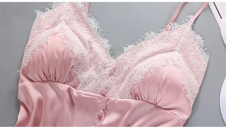 Queenral Pajama Sets Sexy Lingerie Pyjama Femme Summer Women's Sleep Lounge Silk Satin Sleepwear With Chest Pad Nightwear 11