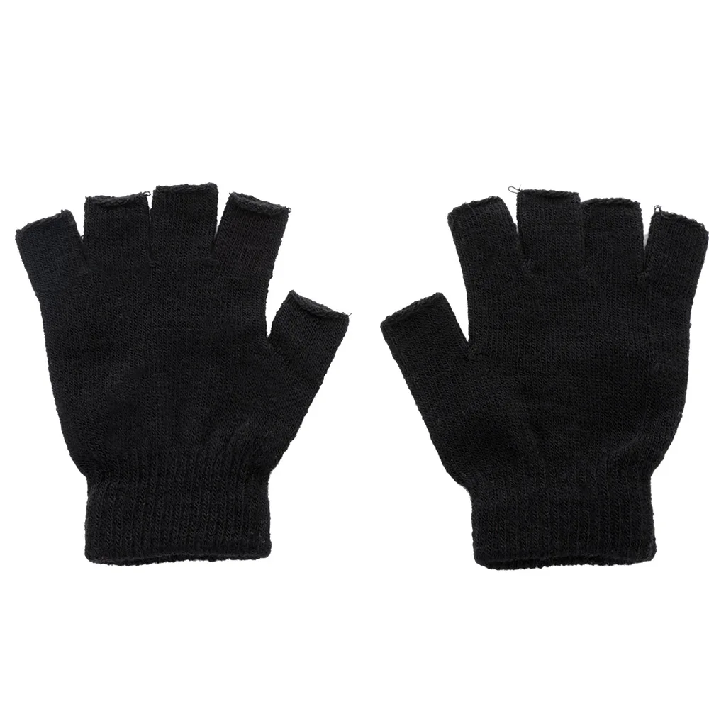 

1 Pair Warm Winter Outdoor Black Knitted Gloves Men Solid Stretch Elastic Warm Sports Cycling Half Finger Fingerless Gloves