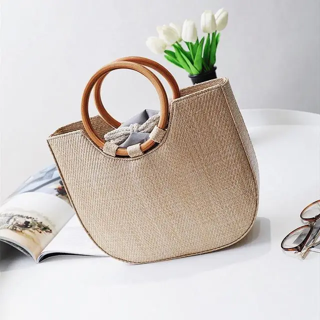 

Rattan Bag Women Summer Straw Bag Fashion European And American Beach Bag Qoven Solid Wood Wild Shoulder Messenger Bag(B K