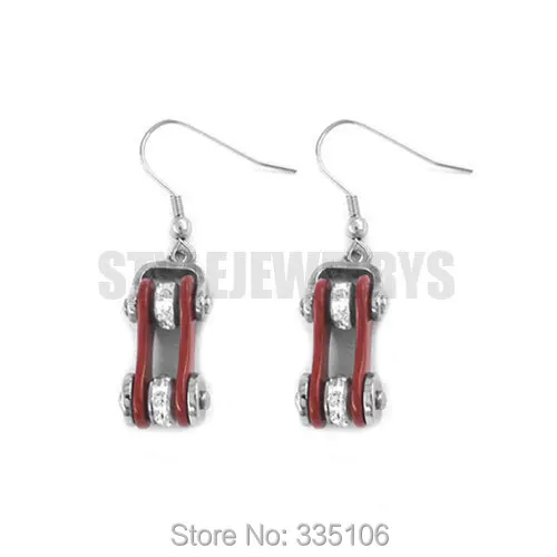 

Free Shipping! Red Bicycle Chain Motor Earrings Stainless Steel Jewelry Bling Rhinestone Motorcycle Biker Earring SJE370121A