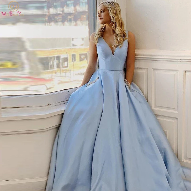 

Sky Blue Satin Prom Dresses 2019 Simple Women V Neck Pockets Beaded Pearl A Line Evening Formal Gowns Pleats WALK BESIDE YOU