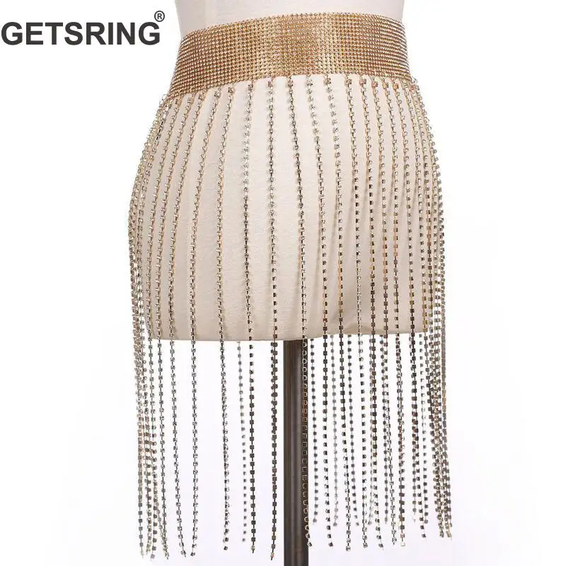 

GETSRING Woman Belt Rhinestone Tassel Cummerbund Silver Gold Belt Metal All Match Fashion Corset Belt Drill Sexy Waistband New