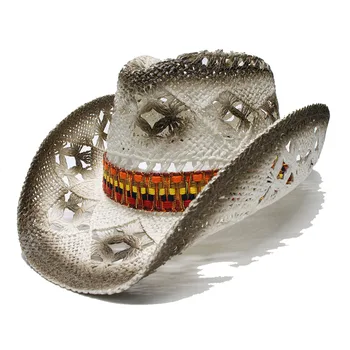 

LUCKYLIANJI Women's Men's Unisex's Vintage Wide Brim Straw Sun Beach Cowboy Cowgirl Western Hat Ethnic Style Band (One Size58cm)