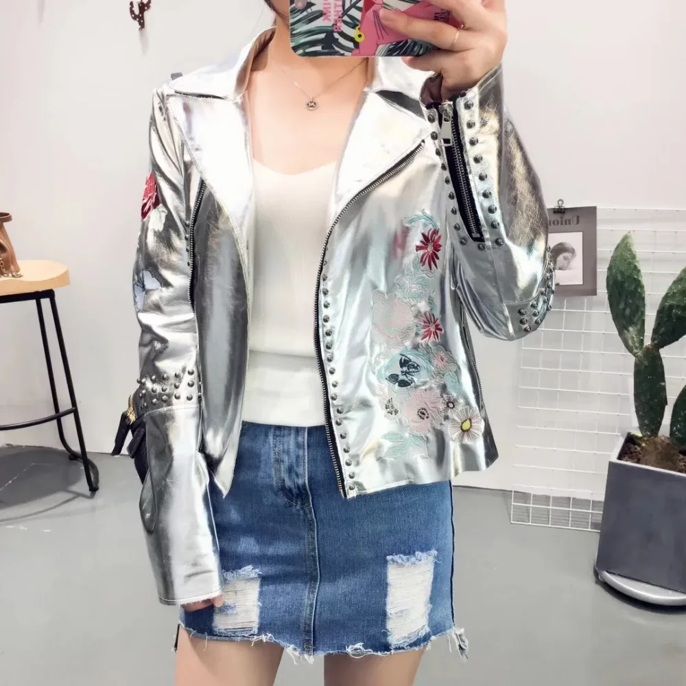Женская кожаная куртка бомбер с вышивкой и заклепками|pu jacket|leather bomber jacket womenrivet