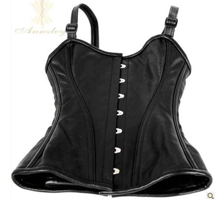 

100% Genuine Leather Fullly Steel Boned Black Shoulder Strap Corset Top