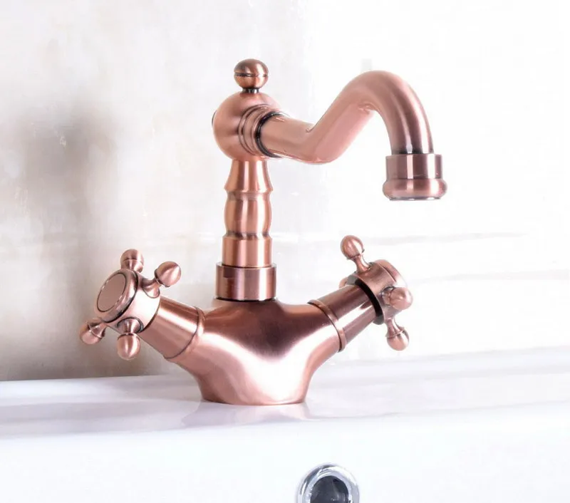Antique Red Copper Brass Dual Cross Handles Bathroom Kitchen Basin Sink Faucet Mixer Tap Swivel Spout Deck Mounted mnf256