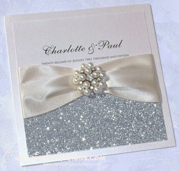 Brooch Silver Glitter Wedding Invitations In Cards Brooch Silver Glitter Wedding Invitations