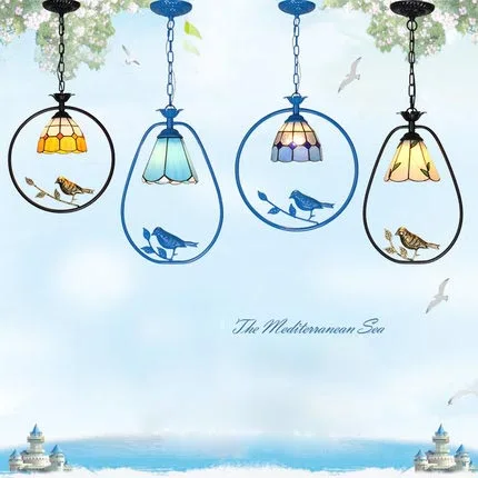 

American Country Style Tiffany Creative Simple Bird LED Pendant Lights Glass+metal Suspension Ging Lamp Luminaries Lampshade