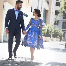 Королевский синий платья для выпускного вечера А-силуэта с длинными рукавами длиной до колен кружевные Элегантные Короткие коктейльные платья