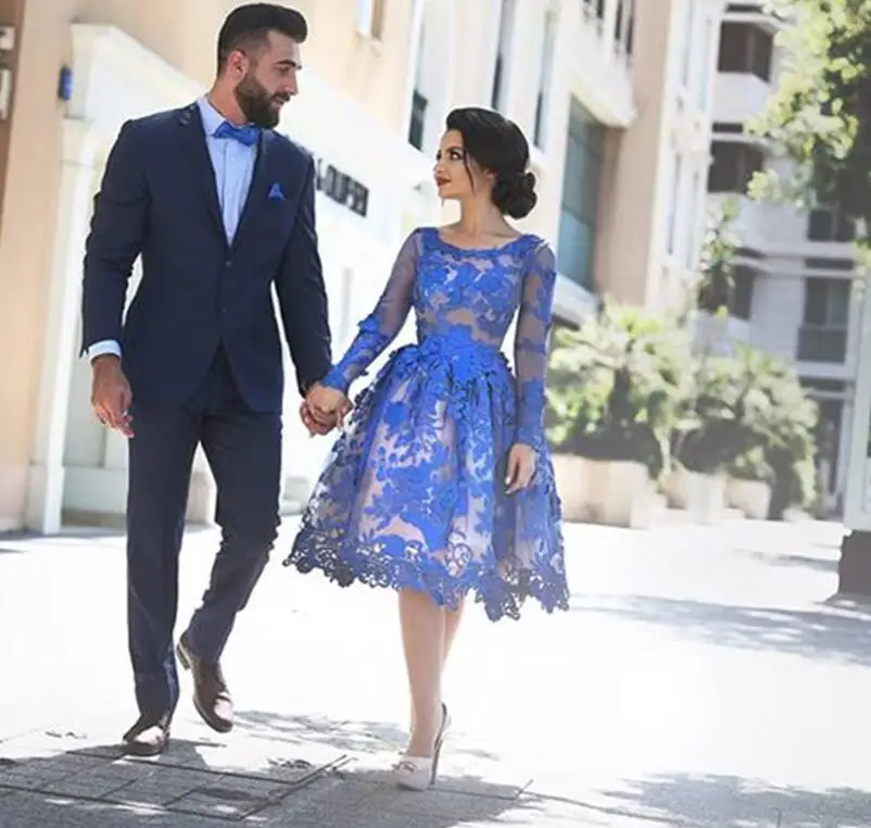US $49.87 Royal Blue Homecoming Dresses ALine Long Sleeves Knee Length Lace Elegant Short Cocktail Dresses