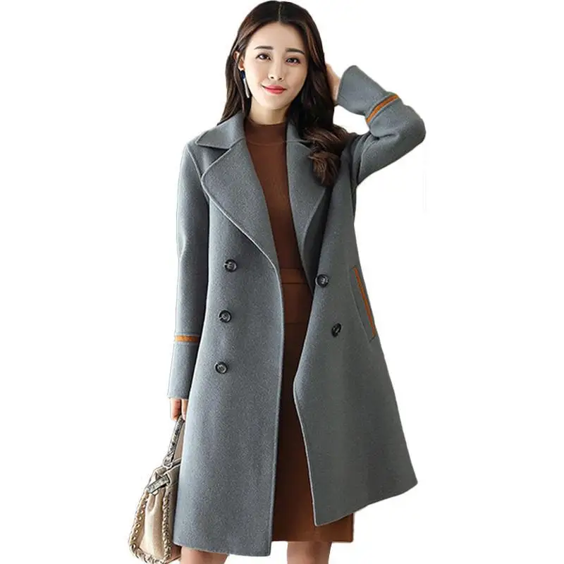 Office Lady Slim Womens Long Coats 2018 Winter Double Breasted Wool Blend Coat and Jacket Turn