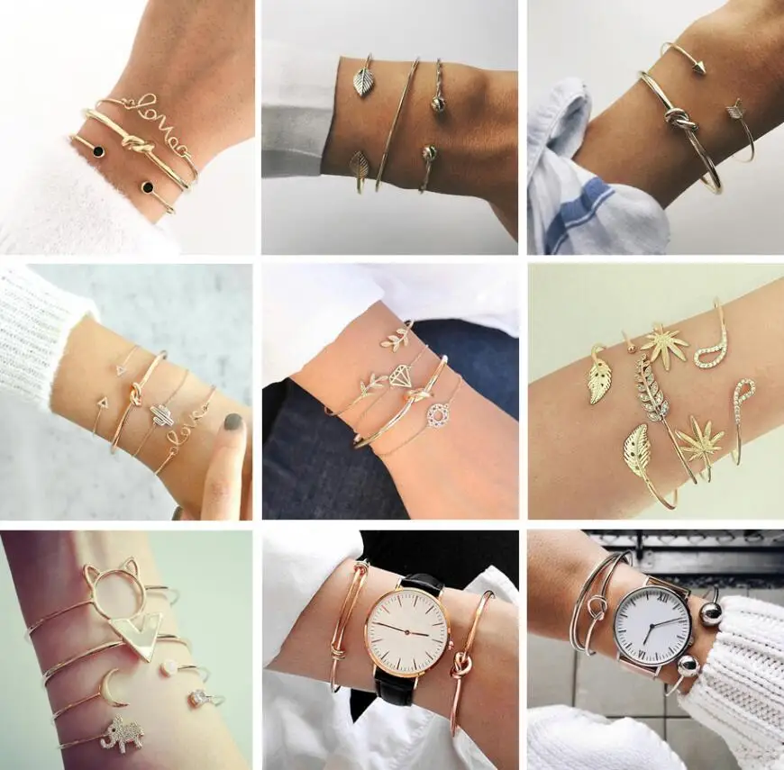 

NanBo Bohemia Letter Cactus Knot Arrow Triangle Cuff Bracelets Set for Women Fashion Alloy Chain Bangle Bracelet Jewelry