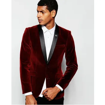 

Burgundy Velvet Men Suits With Black Label Slim Fit Wedding Suits For Men Custom Made Groomsman Tuxedos Suits( Jacket+Pant)