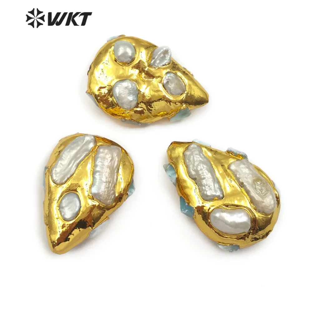 

JF305 WKT Trendy Design Natural Amazonite Stone And Pearl Metal Plated Beads For Women Making Jewelry Accessories
