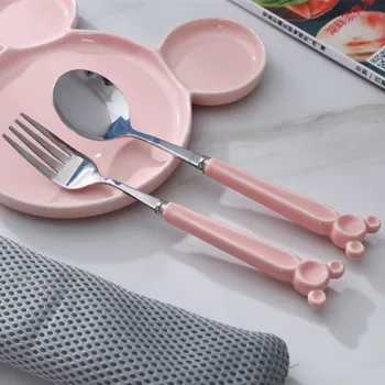 

Children's Cutlery Spoon Fork Cartoon Stainless Steel With Ceramic Long Handle Kids Tableware Cute Figue Dinnerware 2 pcs/set