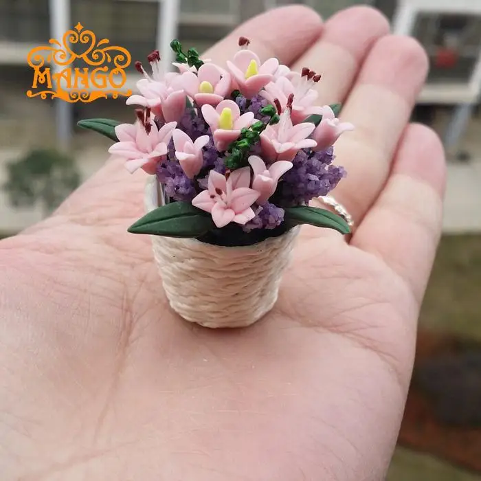 Аксессуары wholesale1: 12 кукольный домик миниатюрная глина для поделок Микро Моделирование розовые цветы цветок лилии корзина