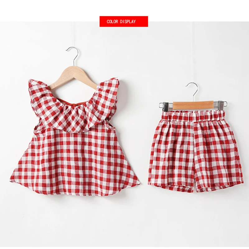 

Girls summer 2019 new children's sling two-piece plaid children's clothing summer