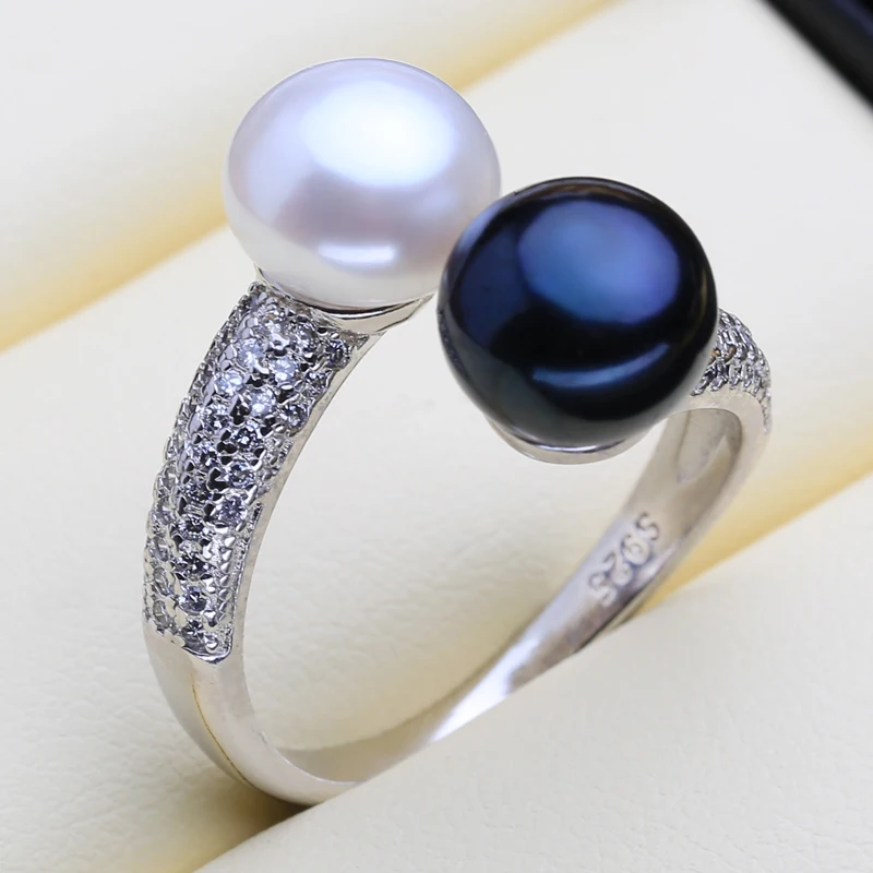 Natural Freshwater Double Pearl Rings For Women Zircon 925 Sterling Silver Jewelry Adjustable Wedding Engagement Ring FENASY silver ring wedding rings silver rings gemstone ring