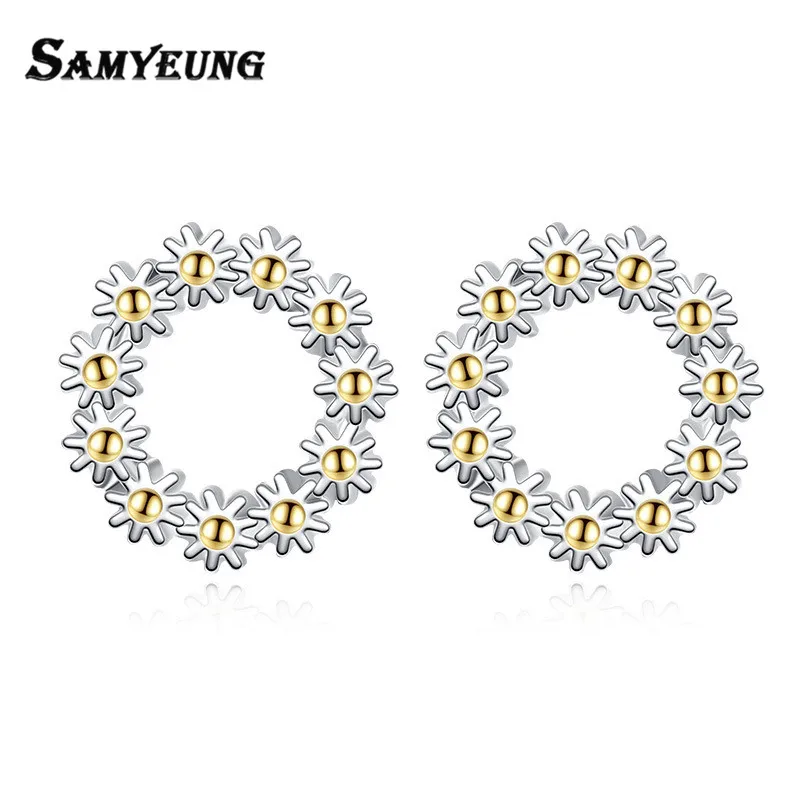 

Samyeung Cute Small Sun Flower Stud Earrings for Women Double Sided Earrings Fashion Earing Wedding Jewelry Brincos Pusety 10mm