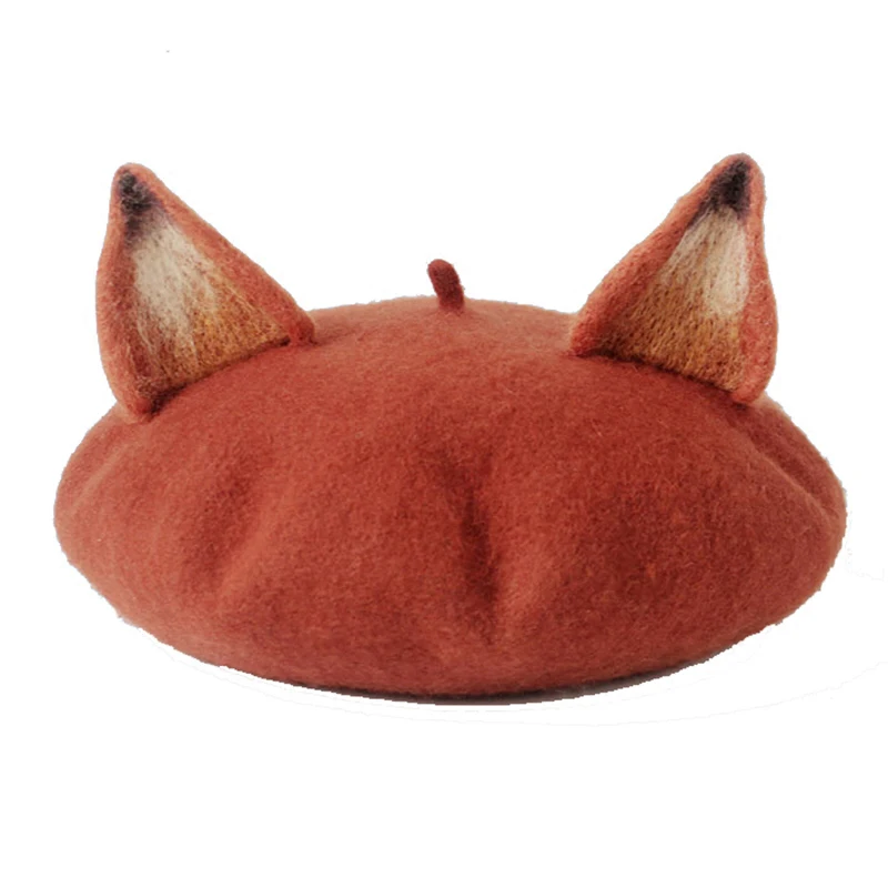 

New Retro Women's Cute Fox Ear Beret Caps Wool Blend Casual Warm Painter Hat Handmade Nick Cat Ear Beret Hat Hot Gift