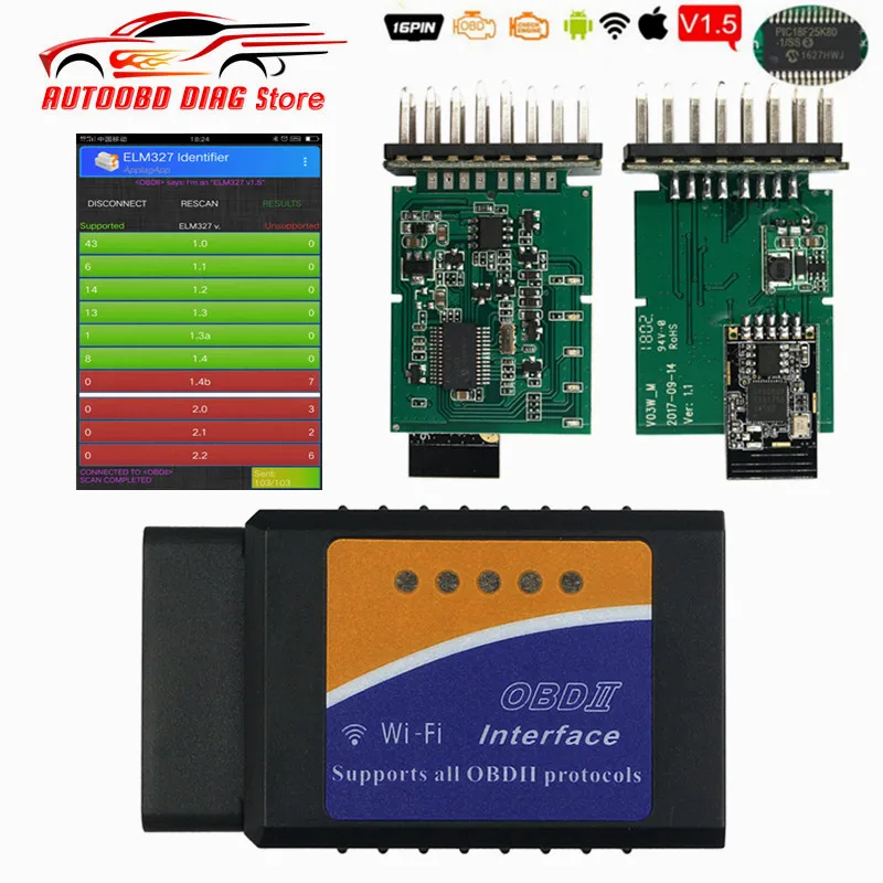 

ELM327 OBD2 WIFI V1.5 Car Diagnostic Tool ELM 327 Wi Fi OBDII Code Scanner With Real PIC18F25K80 Chip For Android/iOS 12V Diesel