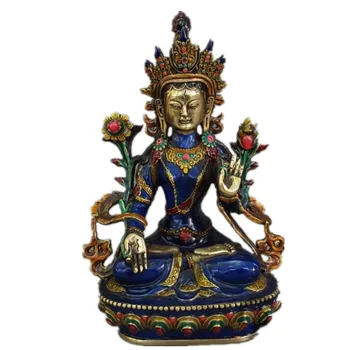 

Decoration Bronze Factory Pure Brass Antique Exquisite Chinese Hand-Carved Cloisonne Buddhist Buddha Green Tara Statue R51