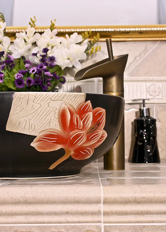 Europe style luxury bathroom vanities chinese Jingdezhen Art Counter Top ceramic indoor wash basin (4)