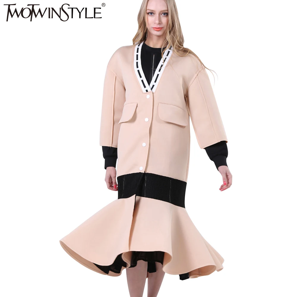 [TWOTWINSTYLE] Streetwear Long Trench Coat For Women Windbreaker 2020 Autumn New V-neck Fishtail Hem See-through Grid Fashion