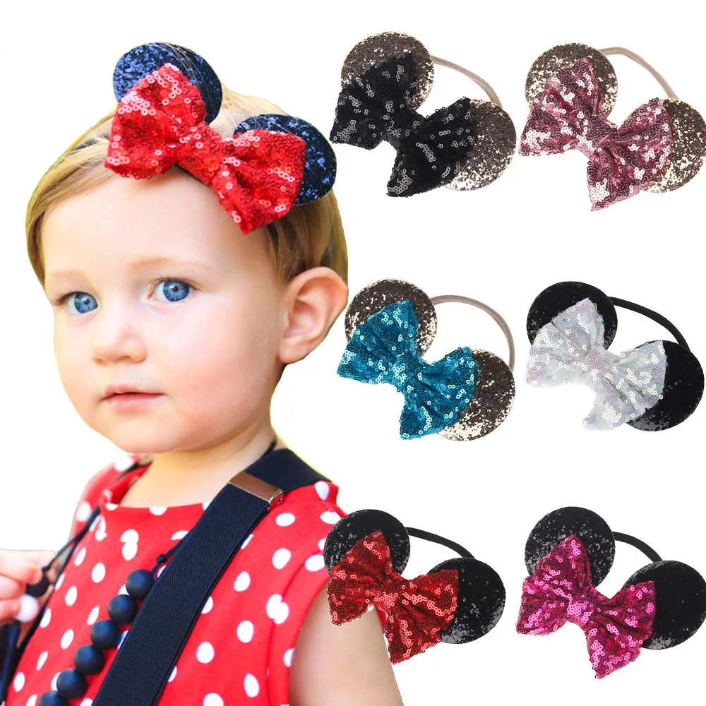 12PC hot sell Sequin Bowknot Bows Mouse Ear Style headband Nylon