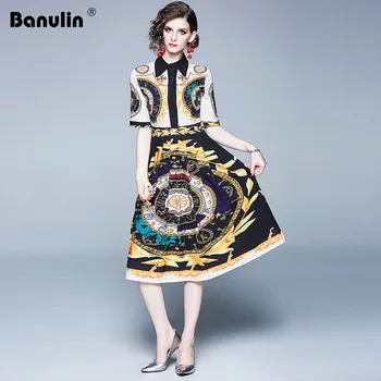 

2019 Summer Runway Designer Shirt Dress Women's Turn Down Neck Short Sleeve Print Vintage Dress High Quality Robe Femme Vestido