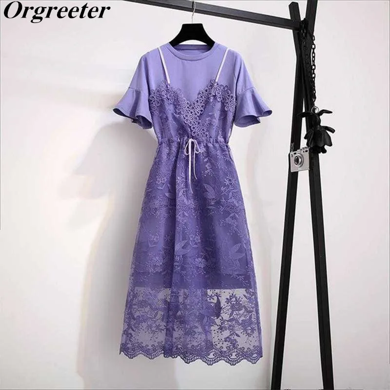 

Summer New Purple Mesh Skirts Two piece sets Women Flare Sleeve Long Tshirt Dress and Lace Patchwork Embroidery Mesh Dress Sets