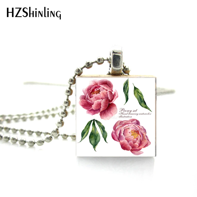 

2018 New Fashion Trendy Vintage Peony Flowers Drawing Photos Scrabble Art Pendant Wooden Scrabble Tiles Ball Chain Necklace