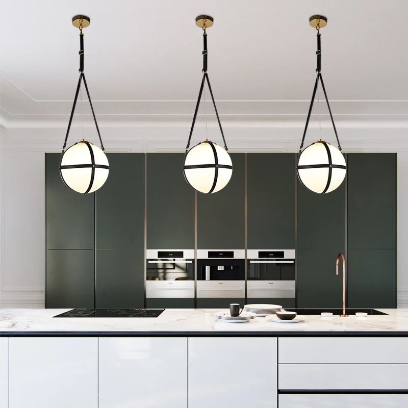 

Nordic Creative D30cm leather cord opal glass pendant light lamp E27 LED dining room home round glass suspension hanging light