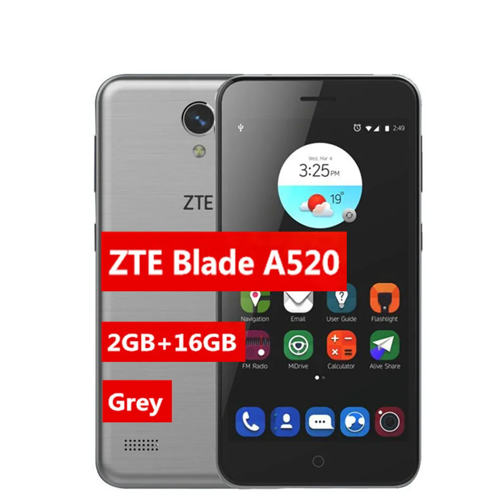 Zte лезвие A520 мобильный телефон 1/2GB 8 GB/16 GB 5," 1080*720 4 ядра Android 6,0 Dual SIM 8MP+ 2MP gps 2400 мА/ч, Батарея 1,25 ГГц телефона - Цвет: Grey 2GB 16GB