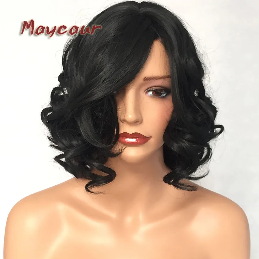 Maycaur синтетические парики Черный цвет короткий боб парик без клея термостойкие волнистые парики для черных женщин