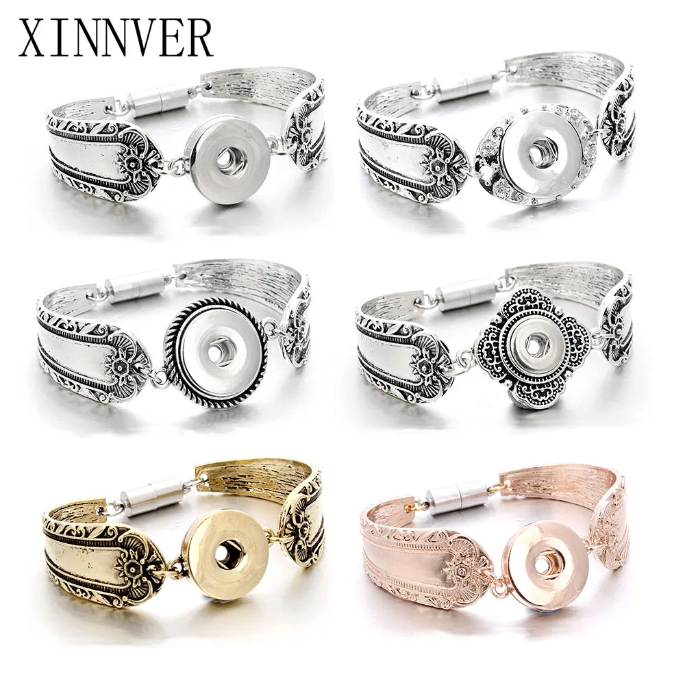 Wholesale Snap Jewelry Silver 18mm Snap Buttons Bracelet Flowers Carved