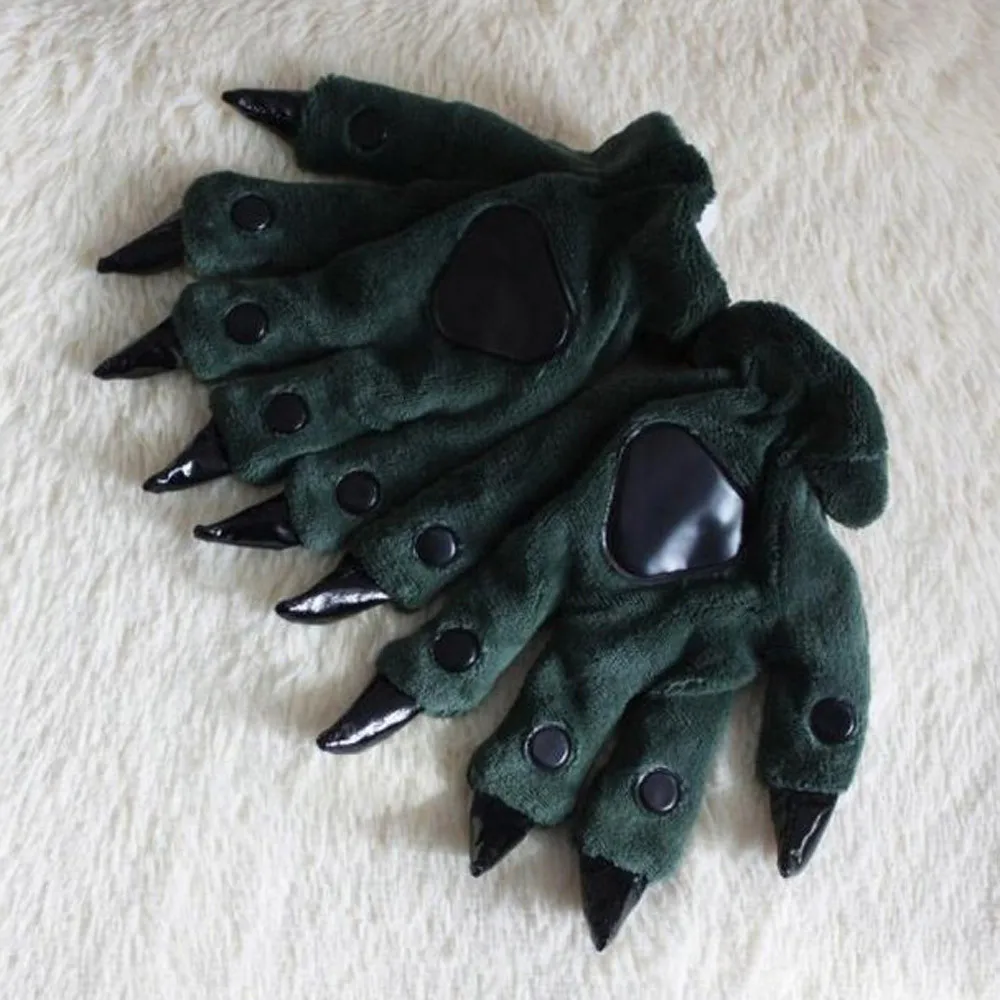 Мультфильм животных Медведь кошачья лапа с когтями ног пижамы перчатки для женщин мужчин Косплей Мягкие плюшевые варежки костюмы на Хэллоуин перчатки 18Nov - Цвет: Dark green