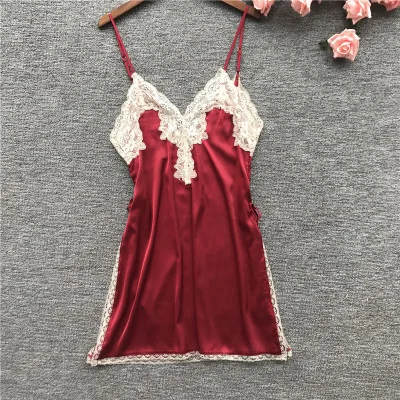 Daeyard Sexy Lingeries Women Silk Satin Nightgown Lace Trim High Split Night Dress Summer Hot Mini Dress Sleepwear Home Clothes - Цвет: wine red