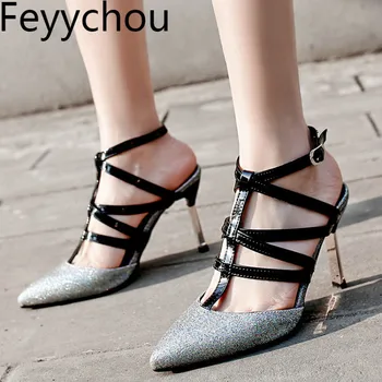 

Women Sandals Super High Heels Pu Buckle Pointed Toe Thin Heels 2019 New Sexy Fashion Spring Summer Party Wedding Big Size 34-48
