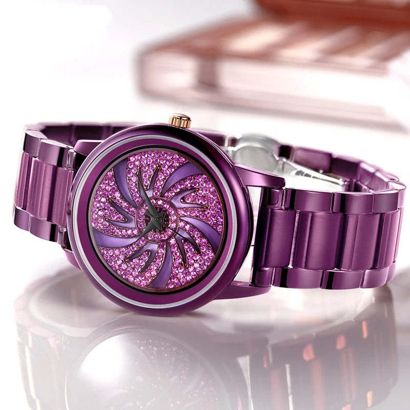 

FUYIJIA Ladies Watch Women's Quartz Watch Lady Purple Steel Band Bracelet Watch Girl Clock Top Brand Luxury Rotating Reloj Mujer