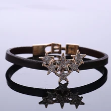 Star Bangles & Cuff Bracelets For Women Female Men Leather Black Rope AAA Cubic Zirconia Crystal Gift Wedding Jewelry Silver