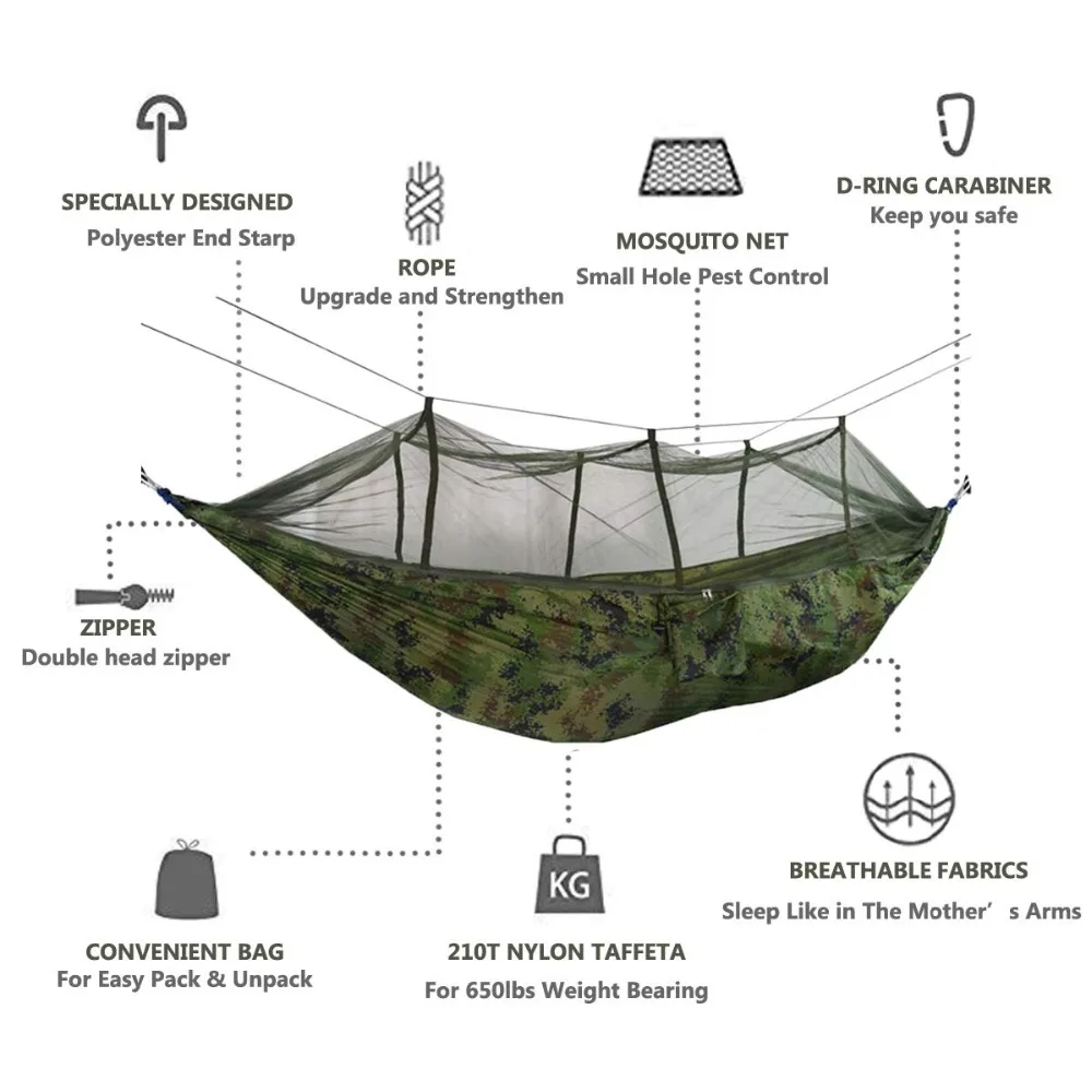 Портативный гамак для кемпинга с москитной сеткой, Парашютная ткань, сверхлегкие гамаки, двойные кровати, Подвесные качели, спальная кровать