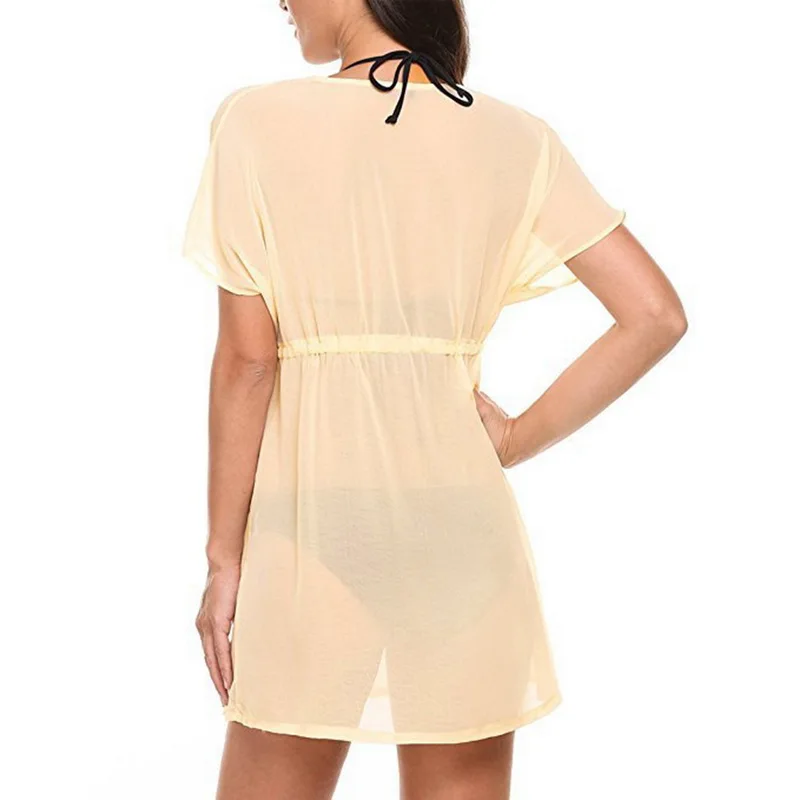 Женская коллекция года, сексуальное Белое Шифоновое пляжное платье-туника с глубоким v-образным вырезом, бикини, купальный костюм для женщин, однотонное парео, саронг, купальный костюм